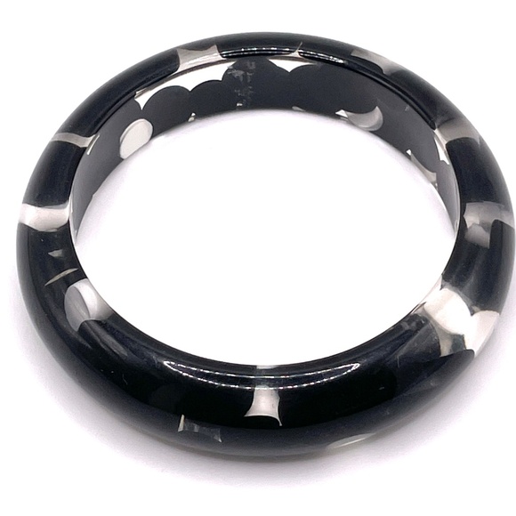Vintage Clear Black White Lucite Aspirin Pill Style Polka Dot Bangle Bracelet - Picture 10 of 15